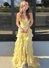Madeline | White and Pink Floral Mermaid Tiered Prom Dress Long - Price #price_variant_lowest# - Yellow Floral - PromDressClub